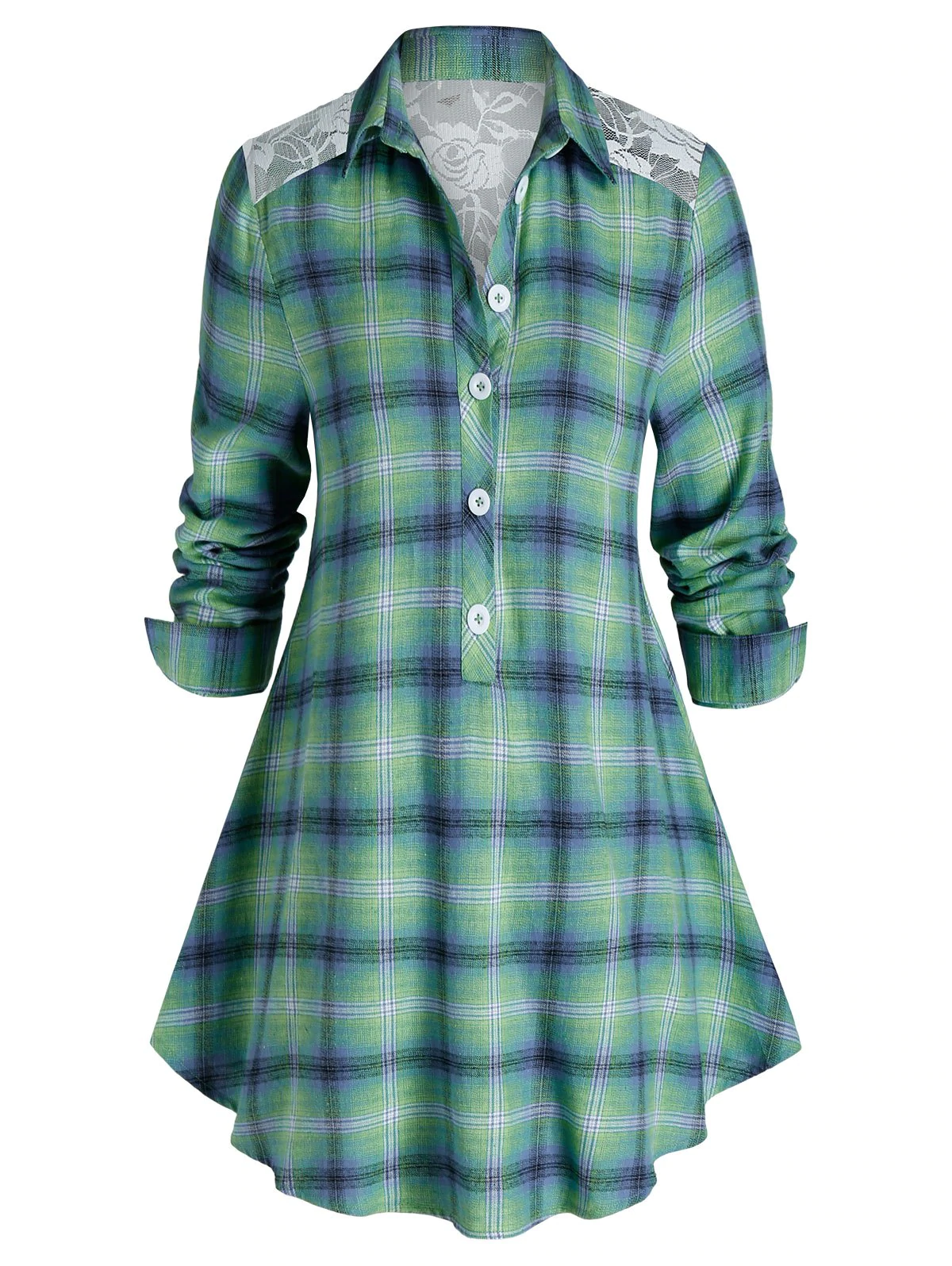 Plus Size Plaid Lace Panel Button Blouse