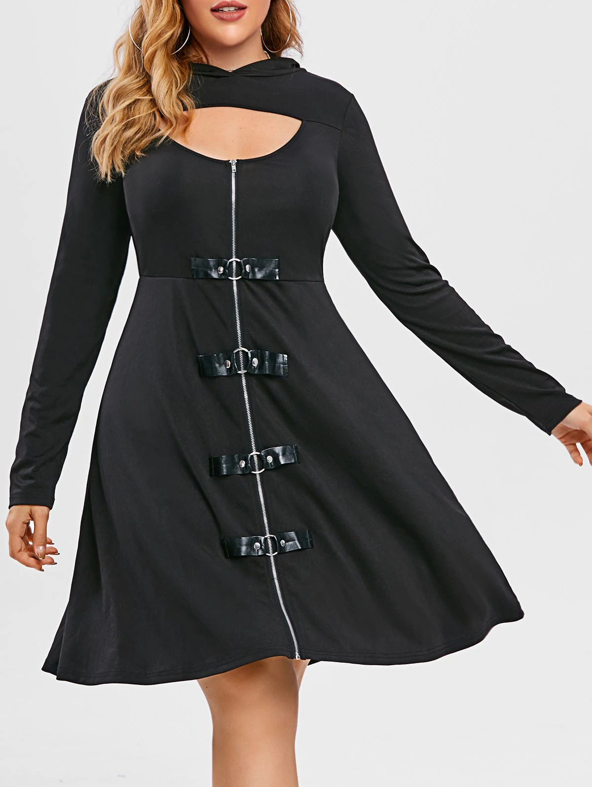 Plus Size Cut Out Zippered Hooded Gothic Dress