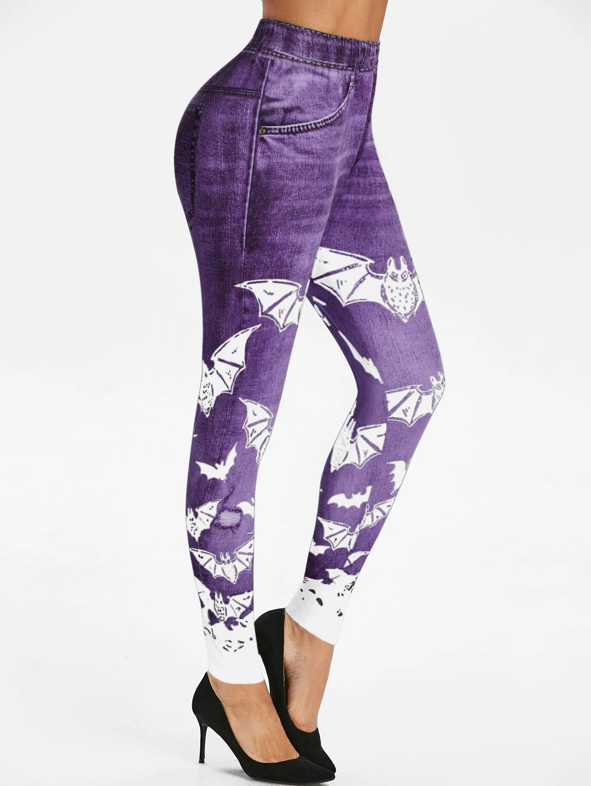 Bat Print Elastic Waist Skinny Faux Jean Leggings