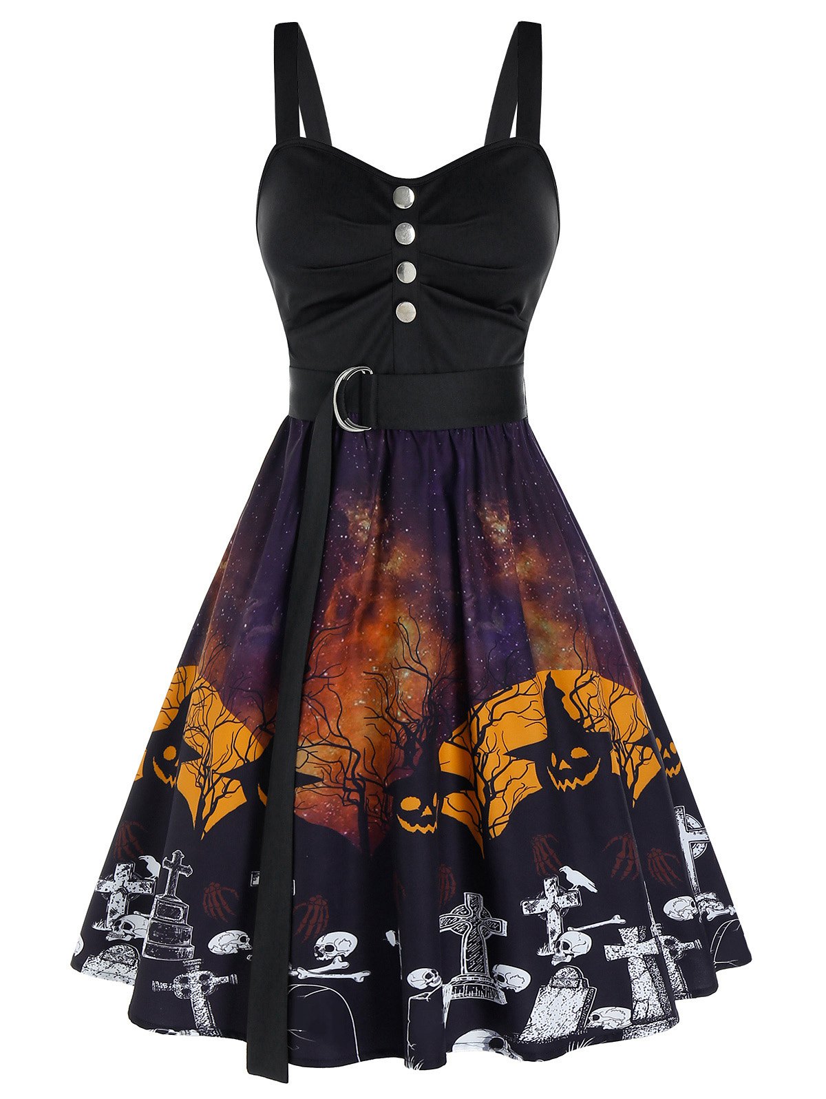 Halloween Pumpkin Skull Print Mock Button Belted Cami Dress