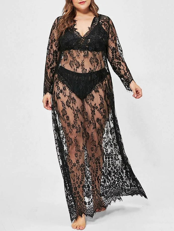 Plus Size Lace Sheer Long Sexy Dress with T-back