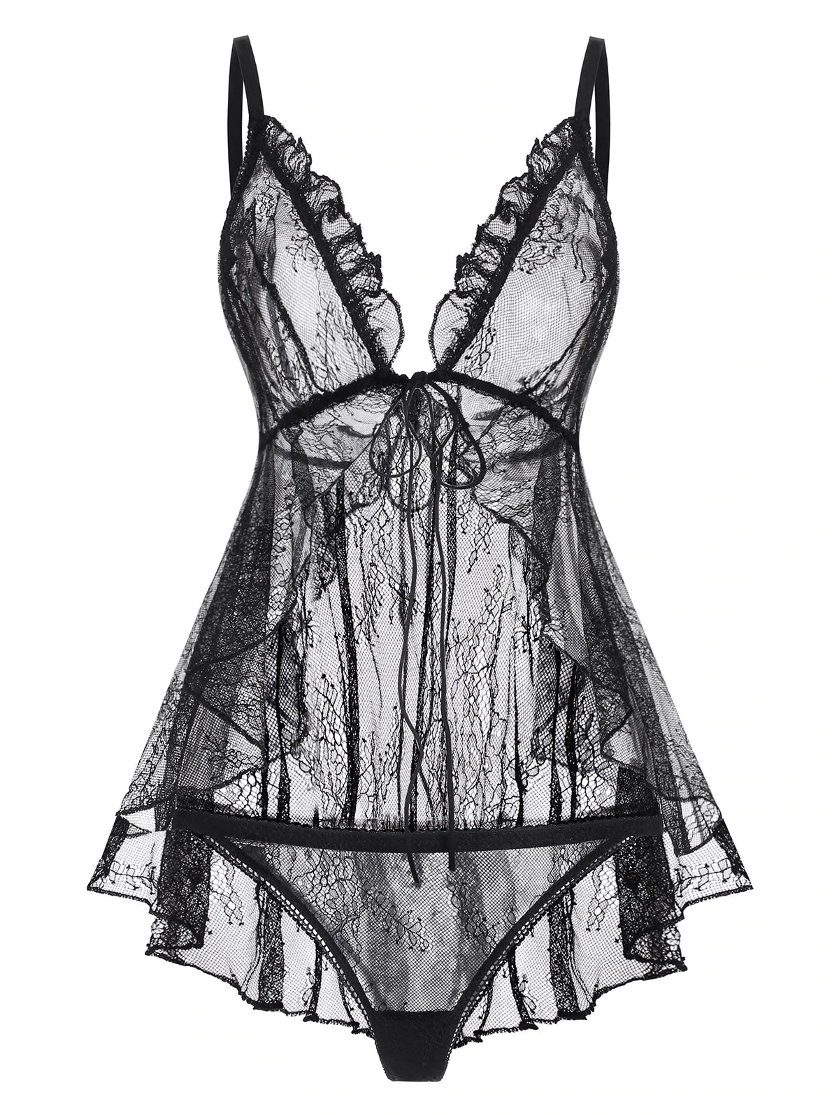 Plus Size Lace Flounce See Thru Sexy Lingerie Set