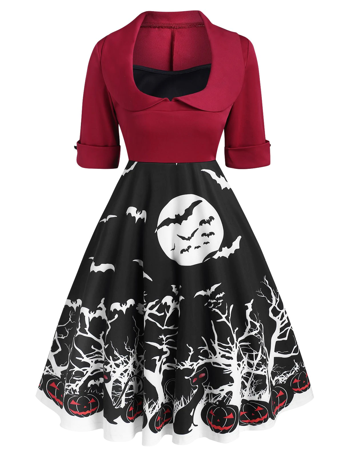 Halloween Cuffed Pumpkin Bat Print Collared Dress