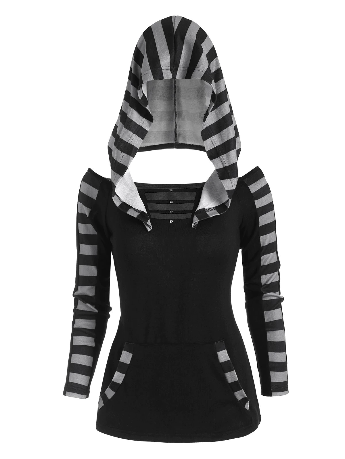 Hooded Striped Kangaroo Pocket Rivet Cutout Knitwear