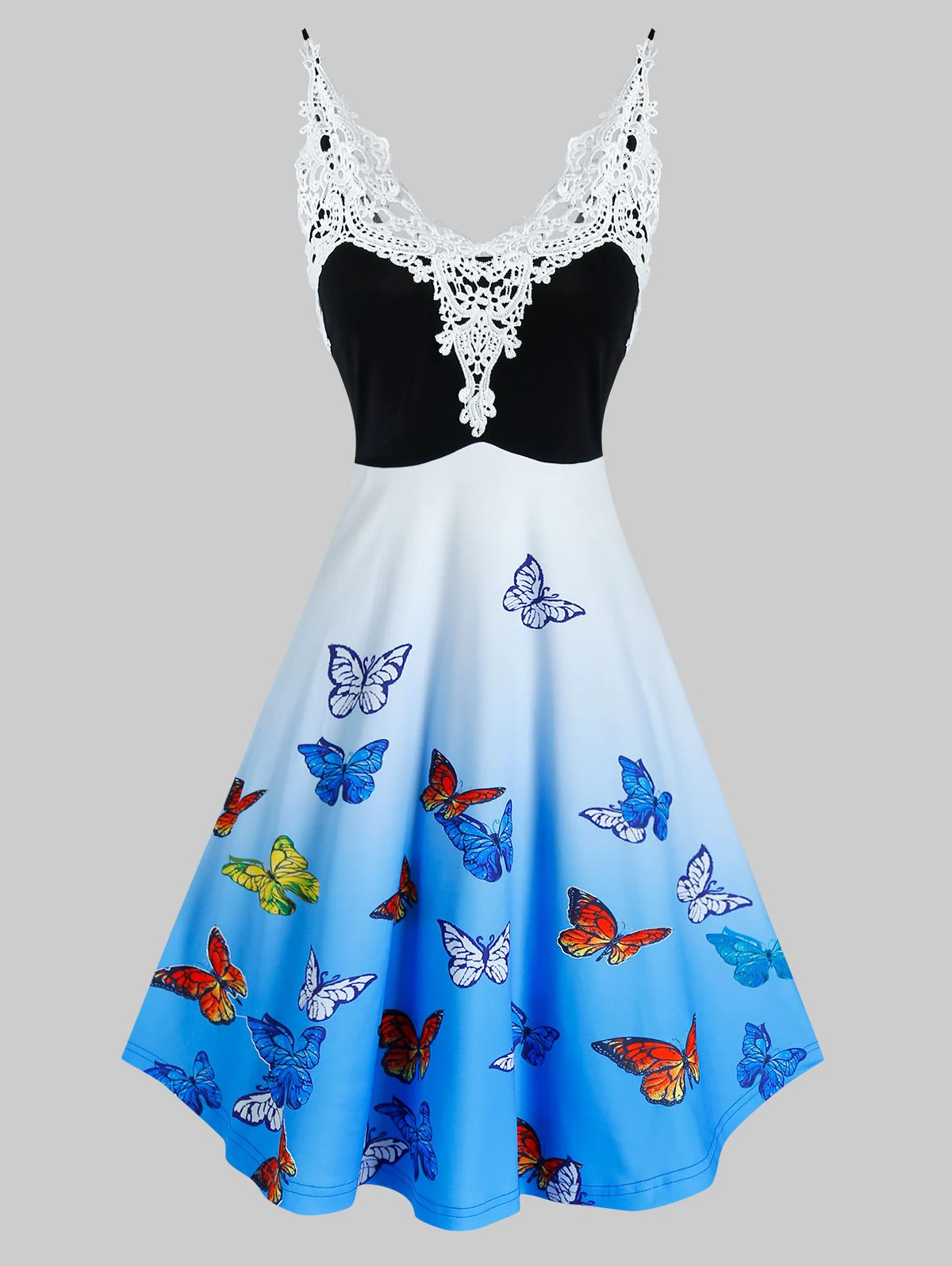 Butterfly Print Lace Insert Ombre Color Dress