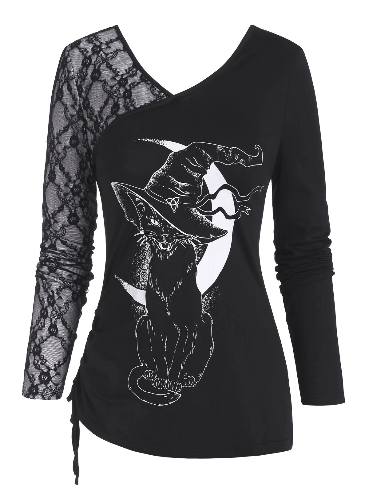 Lace Panel Cinched Witch Cat Halloween Top