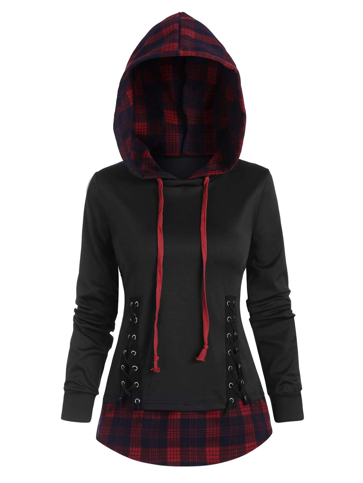 Plaid Panel Lace-up Hoodie