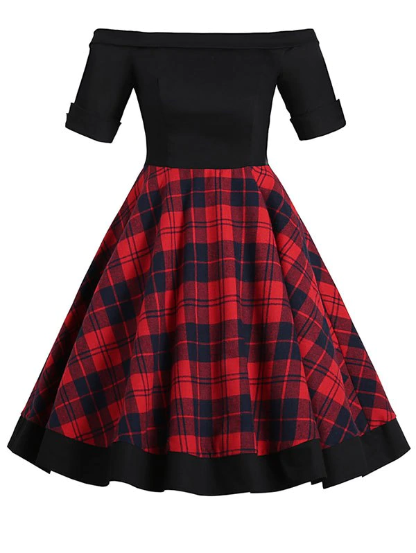 Off Shoulder Foldover Tartan Mini Dress