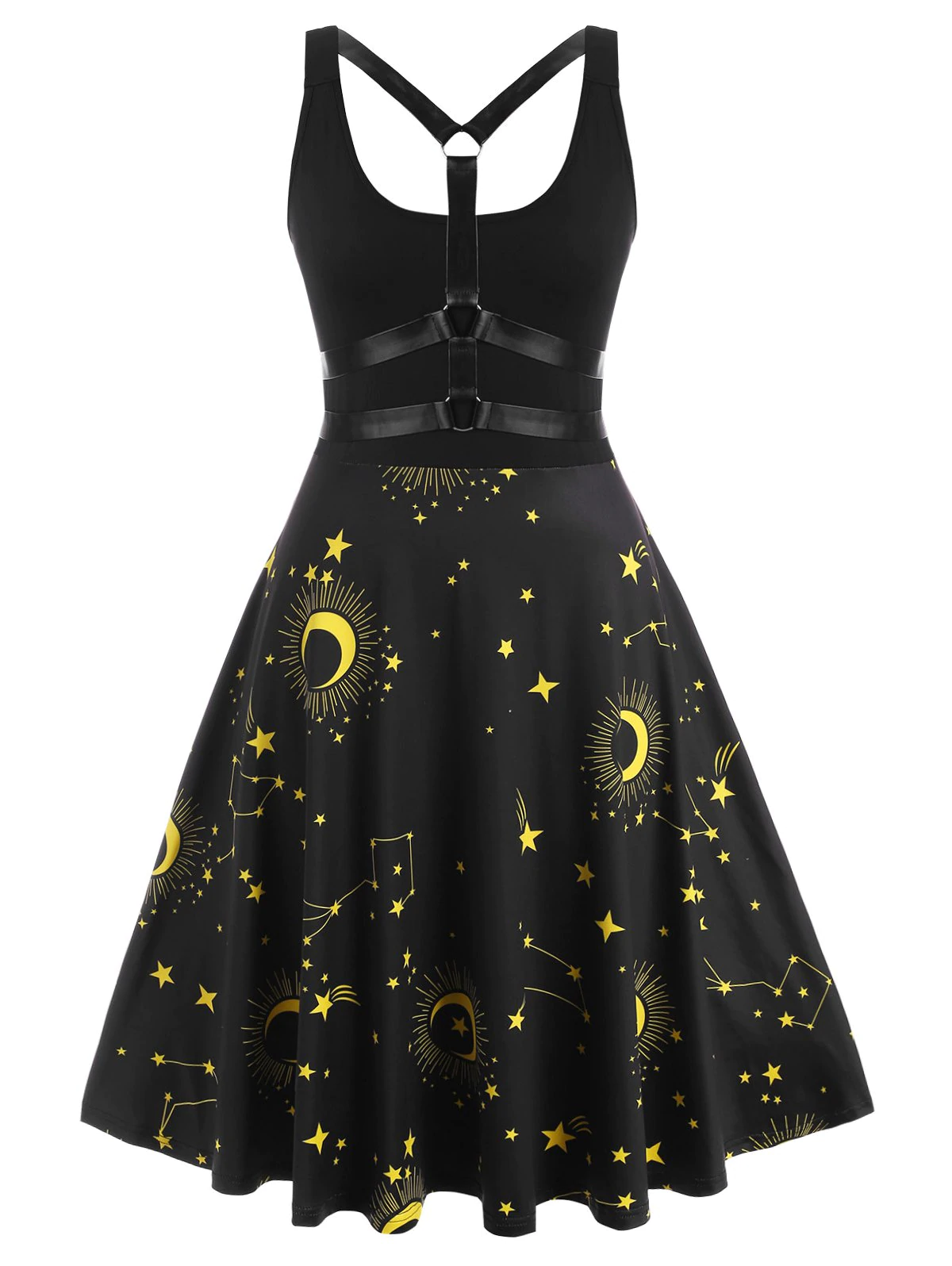 Strappy Back O-ring Star Moon Print Plus Size Dress