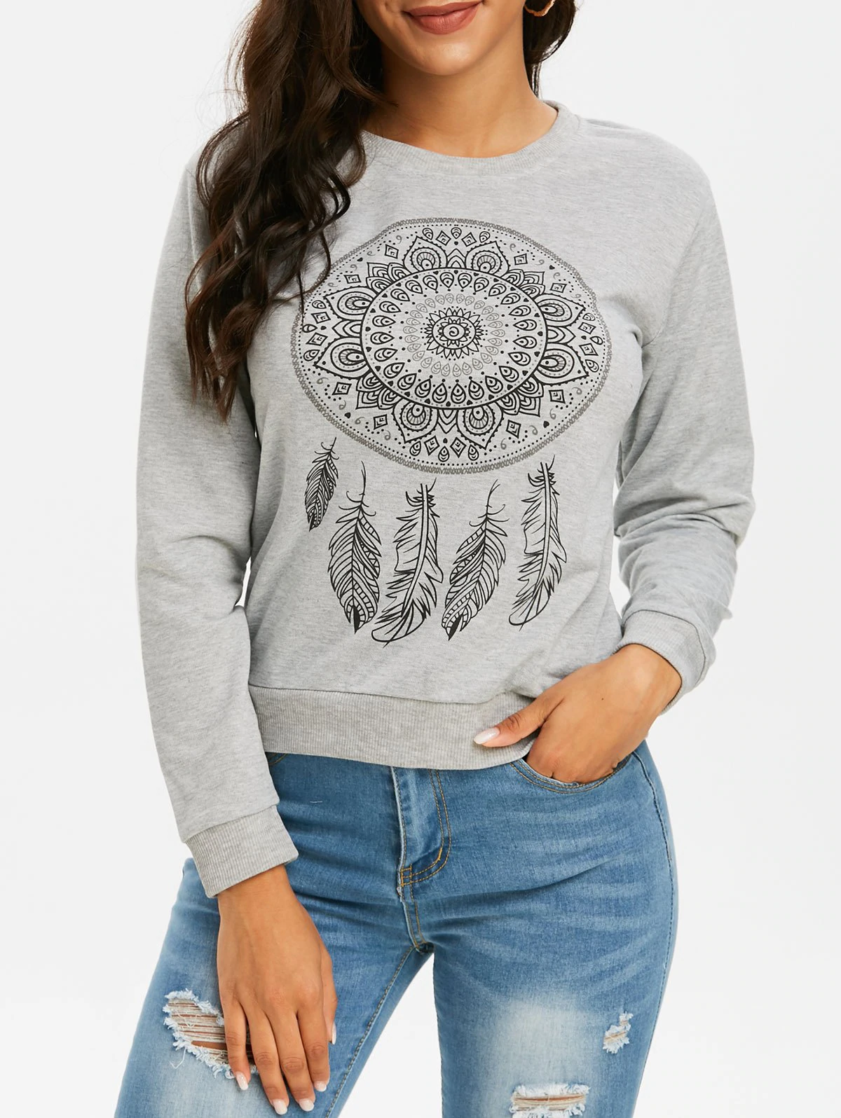 Crew Neck Feather Graphic Sweatshirt