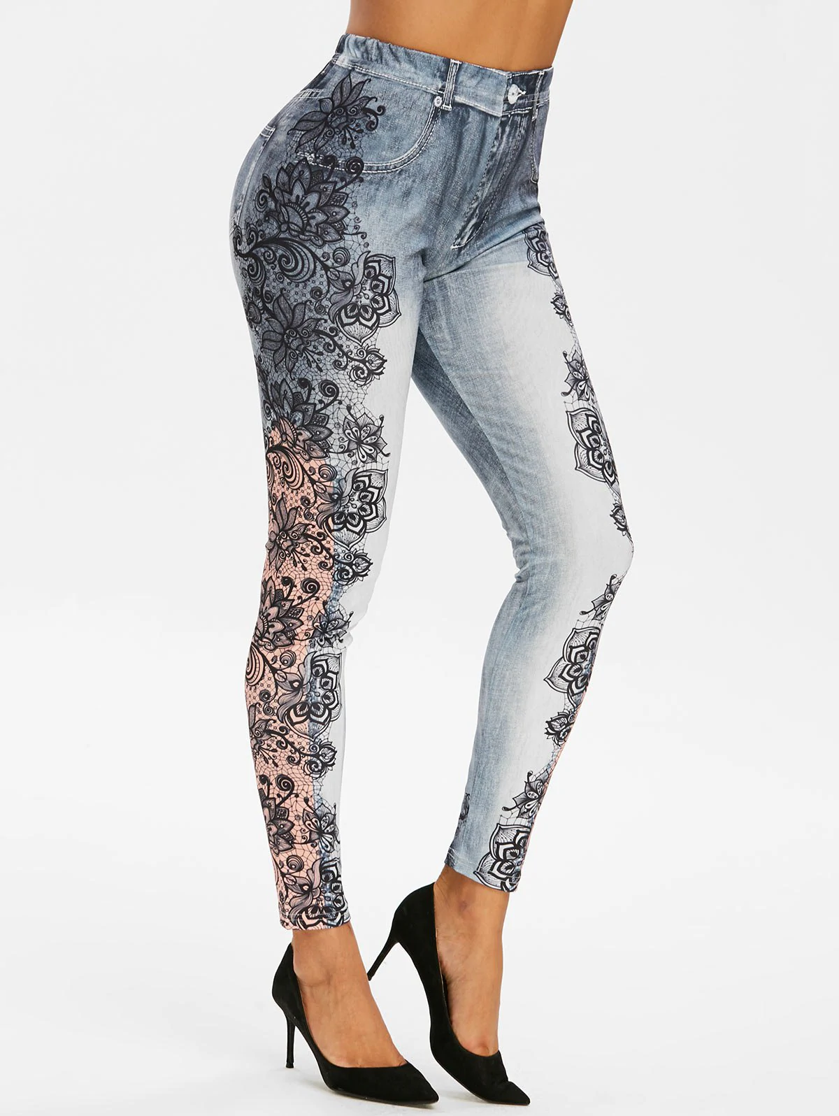 High Waisted Flower 3D Jean Print Jeggings