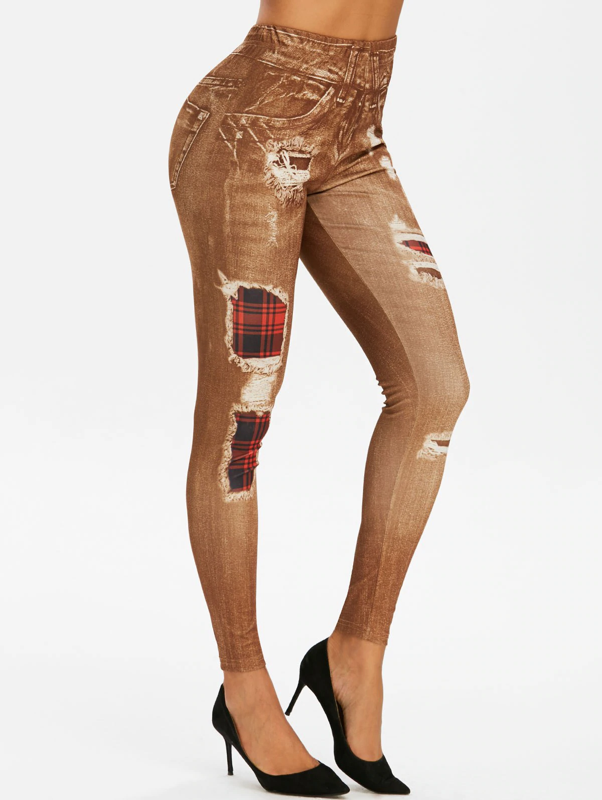 Plaid Ripped 3D Print Skinny Jeggings