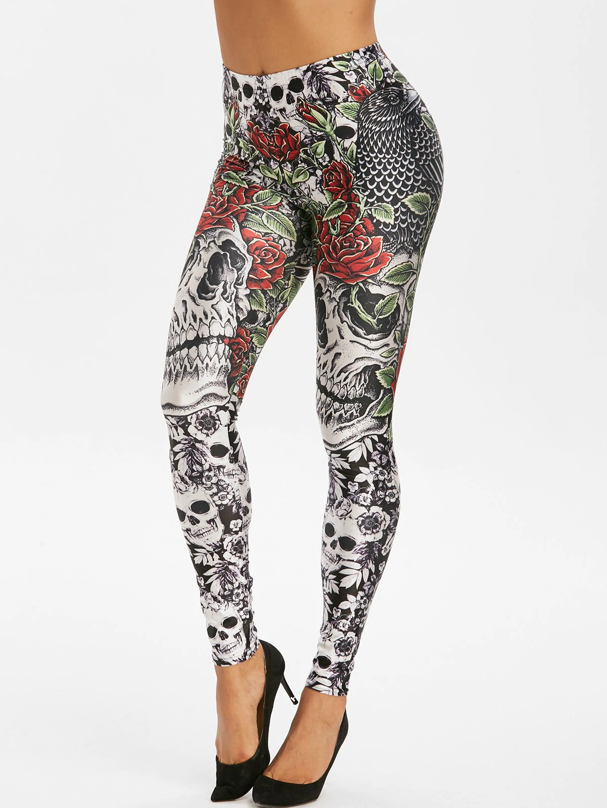 Halloween Skull Flower Eagle Print High Waisted Leggings