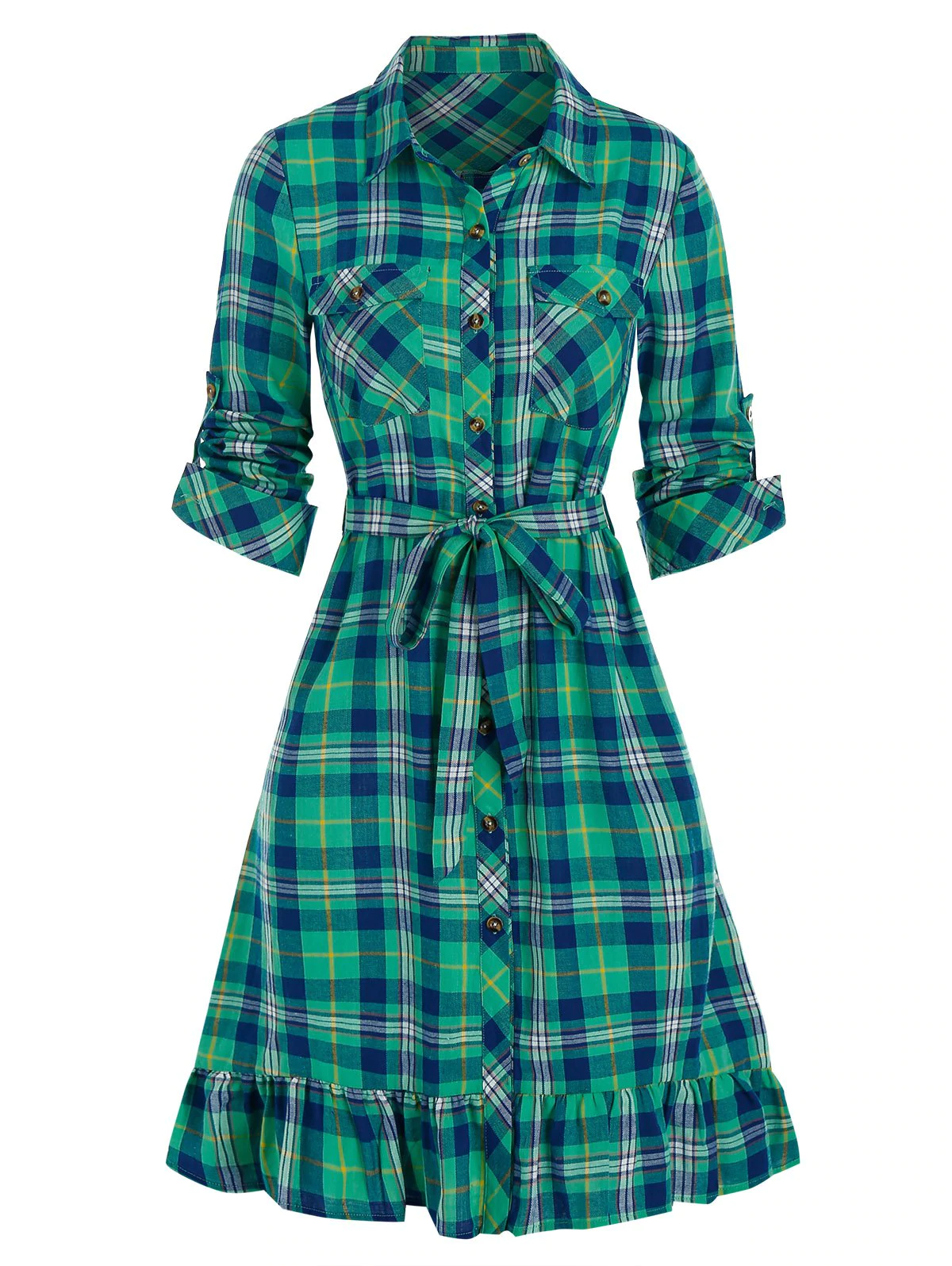 Plaid Print Double Pockets Belted Shirt Dress