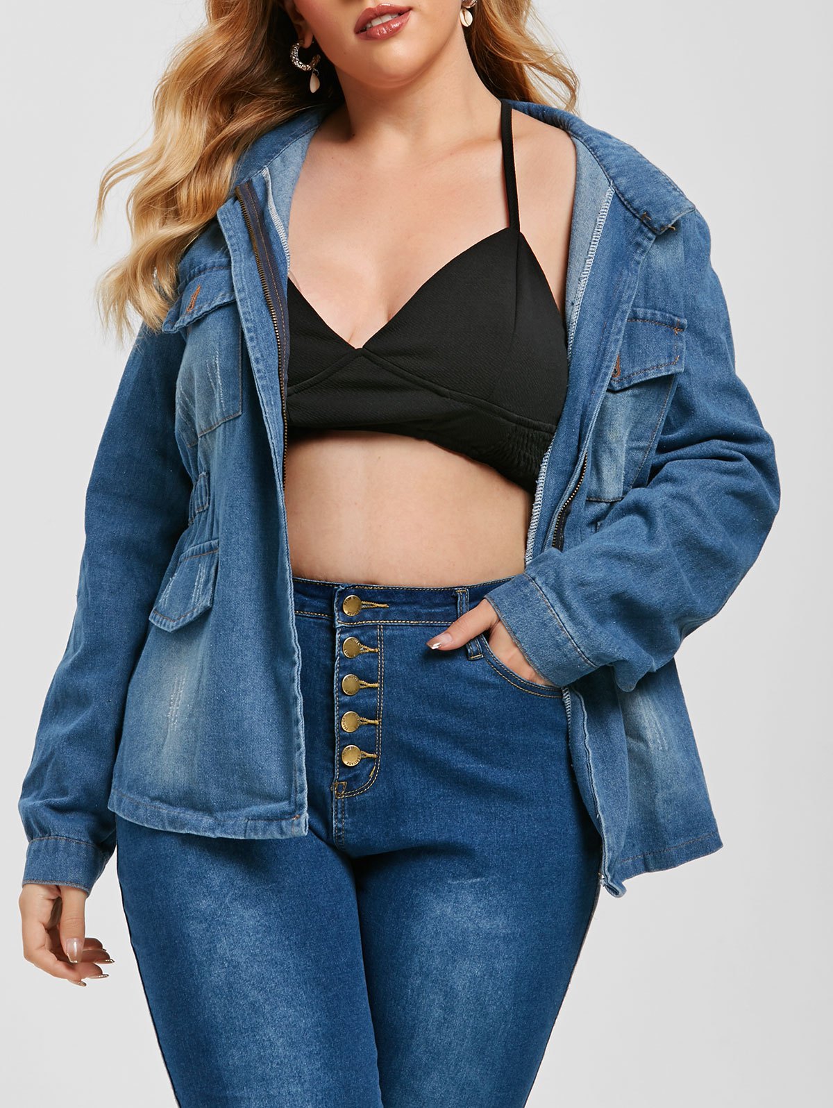 Ripped Flap Pockets Zip Up Denim Plus Size Jacket