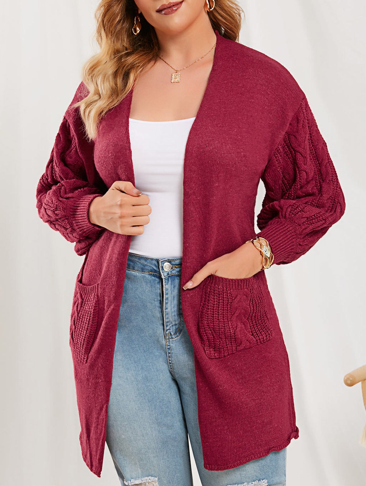 Cable Knit Lantern Sleeve Open Front Cardigan