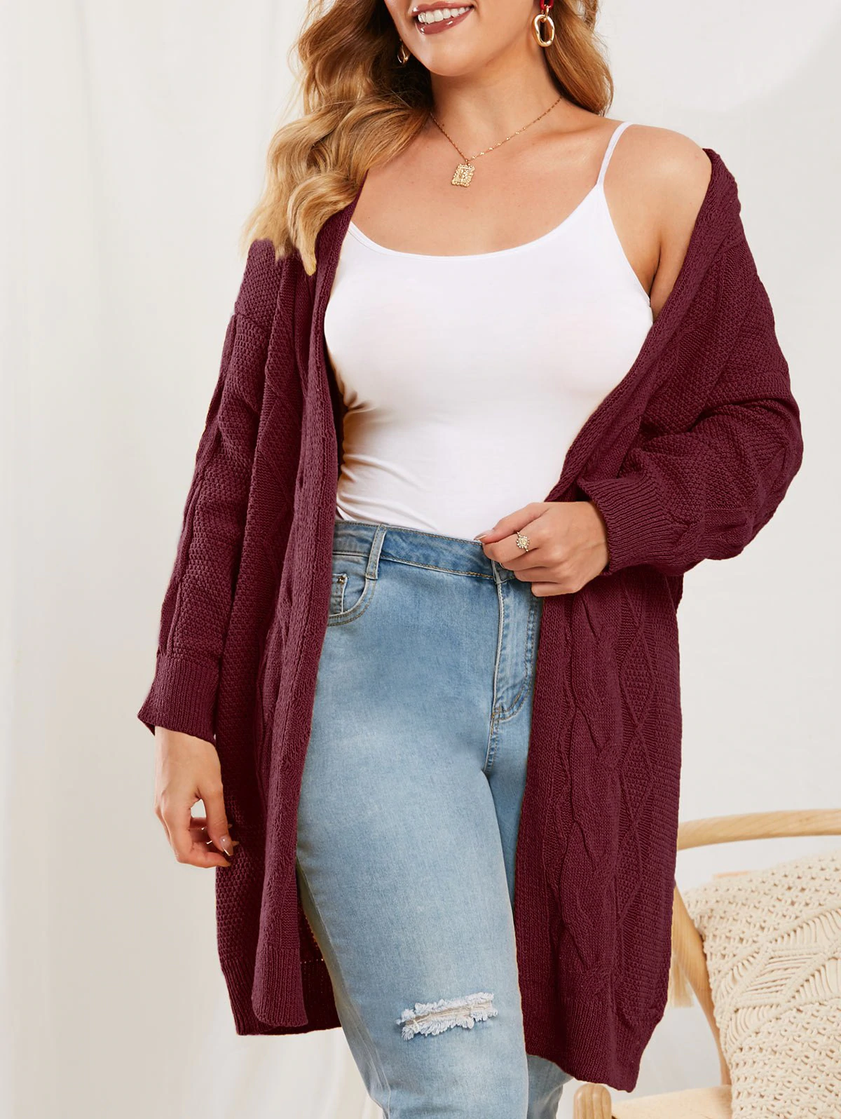 Cable Knit Hooded Open Front Plus Size Cardigan