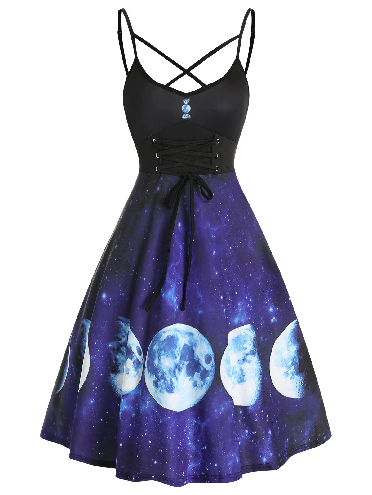 Crisscross Lace Up Starry Moon Print Cami Dress