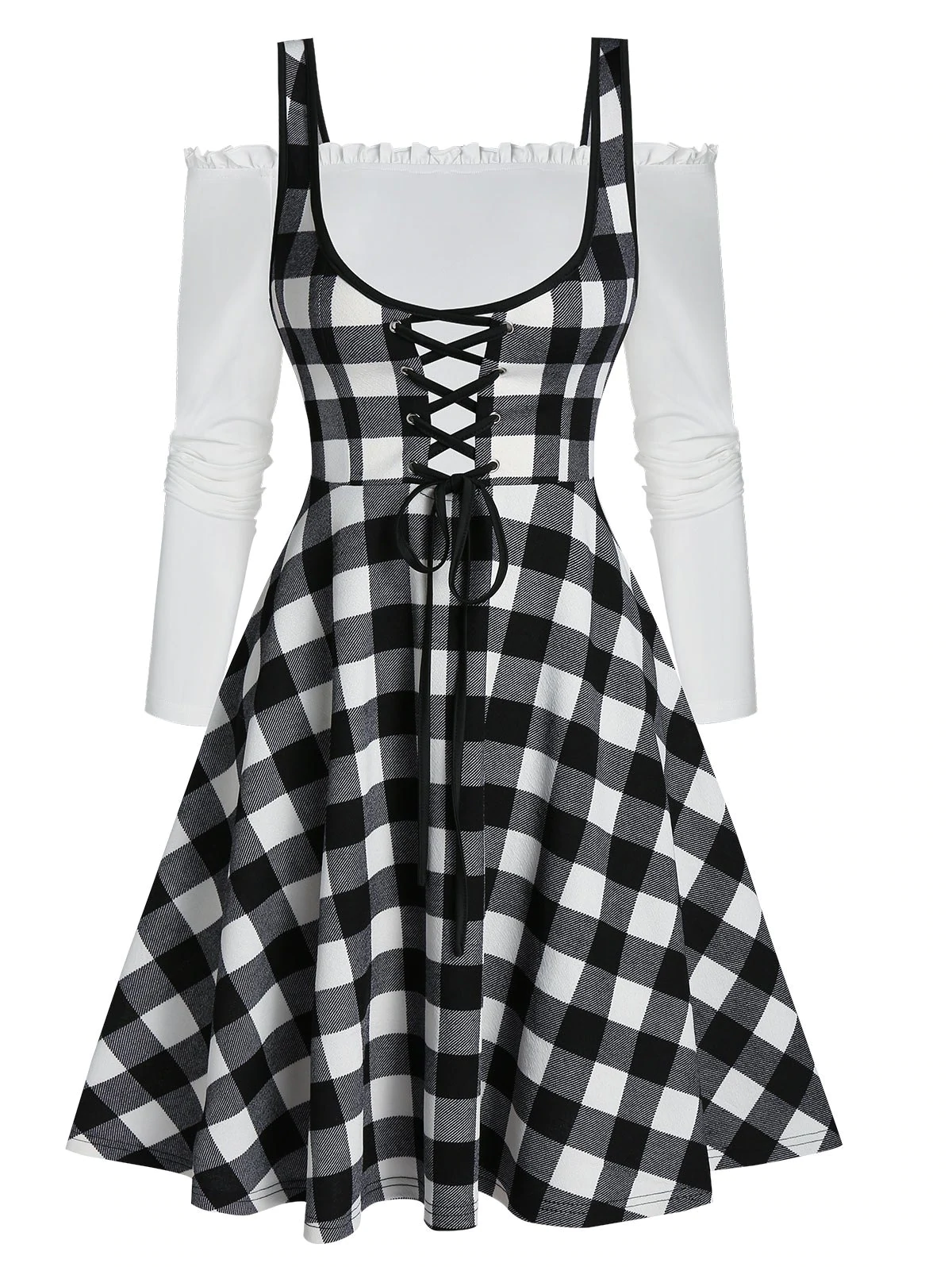 Checked Lace Up Lettuce Trim Mini Two Piece Dress