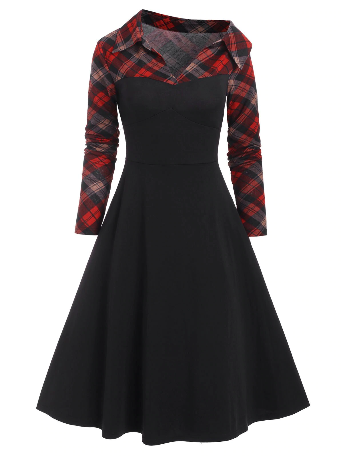 Plaid Insert Empire Waist Skew Neck Dress