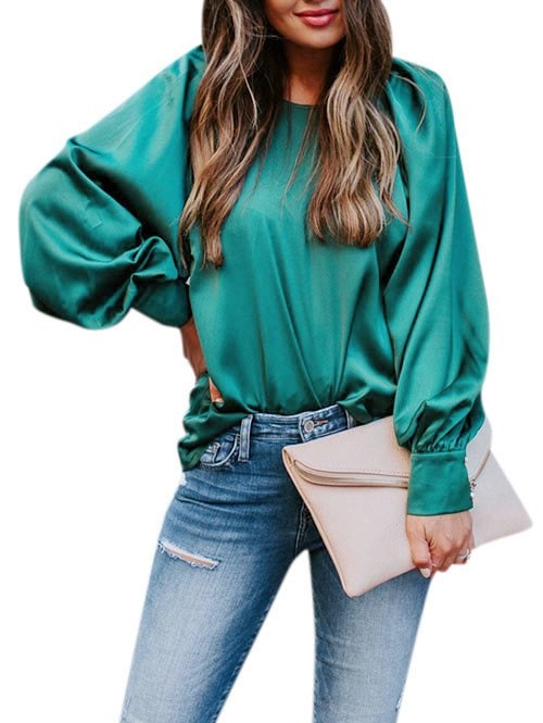 Solid Lantern Sleeve Satin Blouse