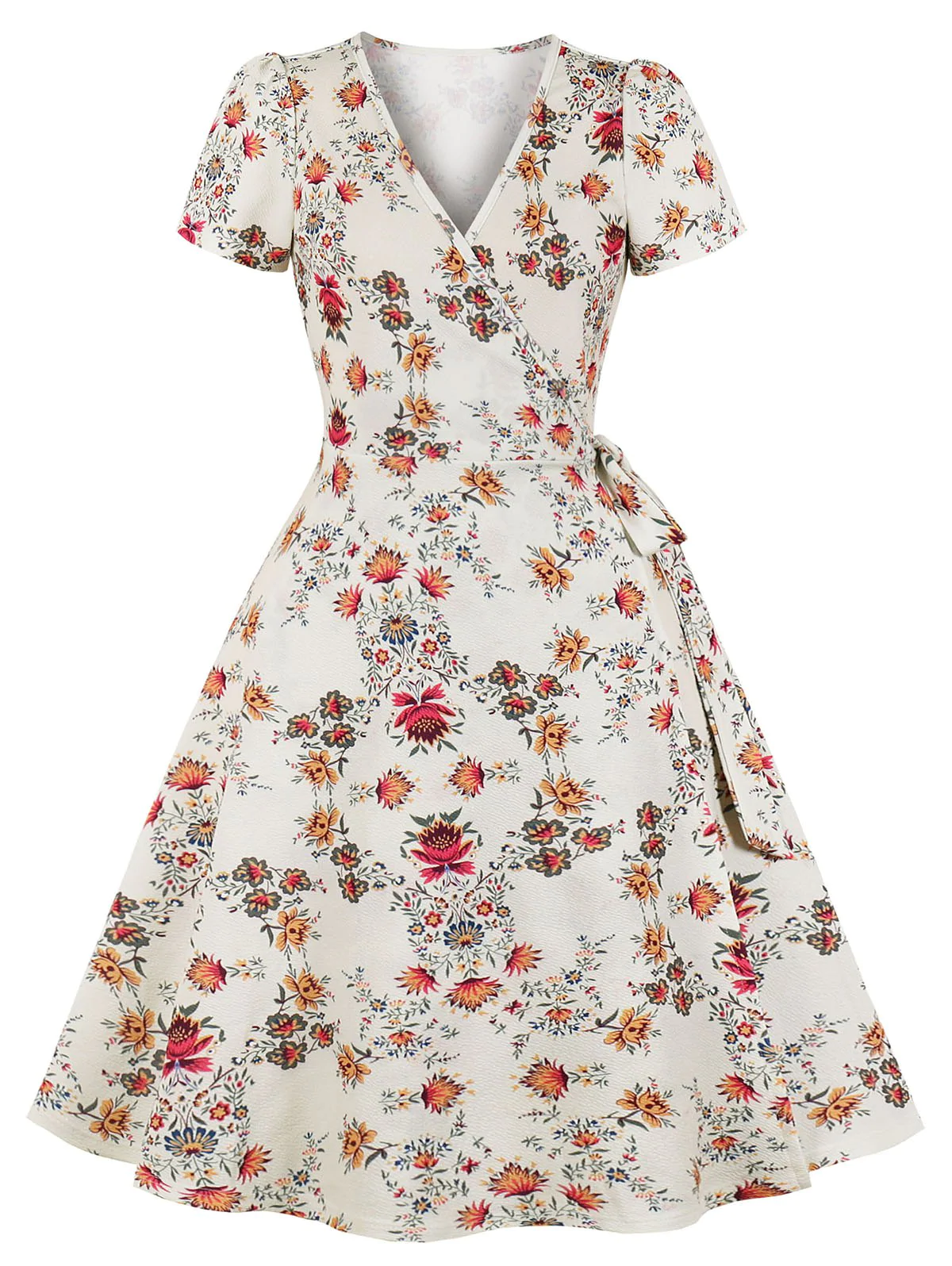 Short Sleeve Flower Wrap Dress