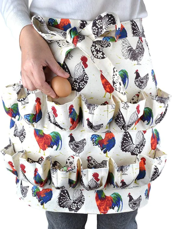 Printed Eggs Fruits Pockets Waist Apron