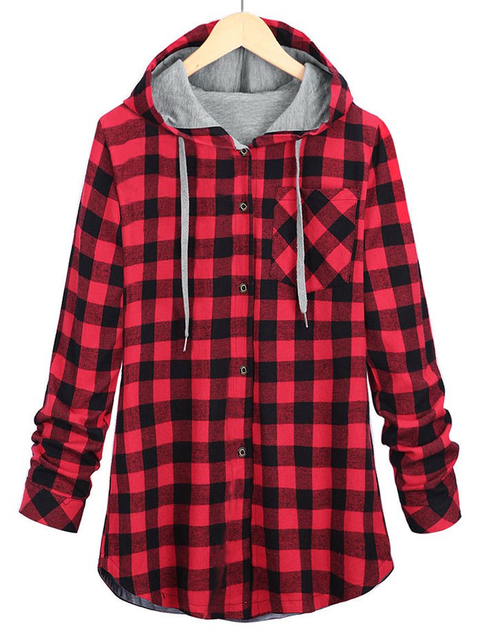 Plus Size Drawstring Plaid Shirt Jacket