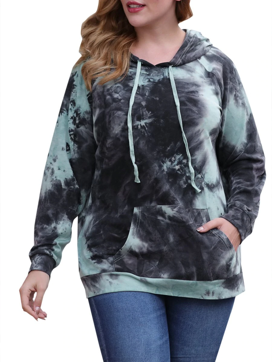 Tie Dye Front Pocket Raglan Sleeve Plus Size Hoodie