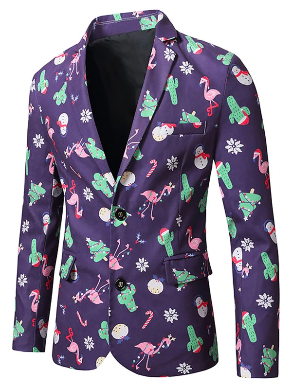 Christmas Tree Snowman Flamingo Print Lapel Back Slit Blazer