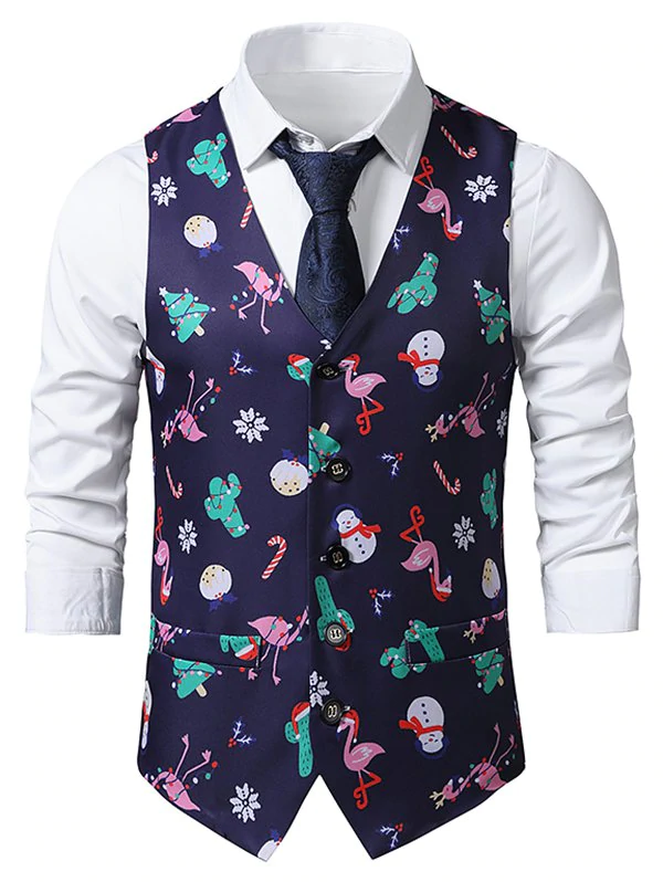 Christmas Tree Snowman Flamingo Print Single Breasted Waistcoat