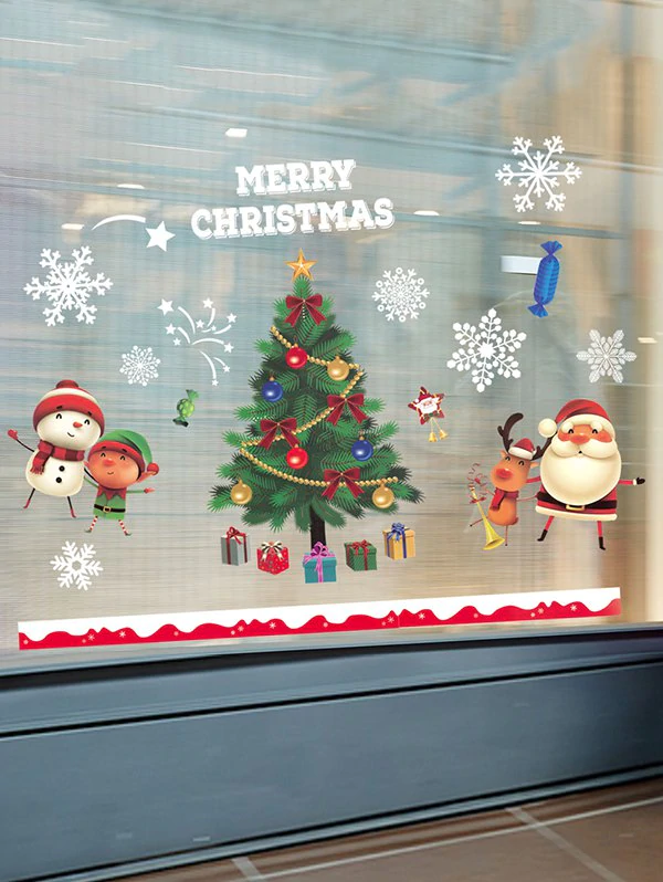 Christmas Tree Santa Print Window Glass Static Stickers Set