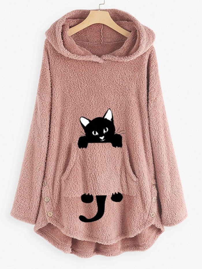 Plus Size Cat Pattern High Low Plush Hoodie