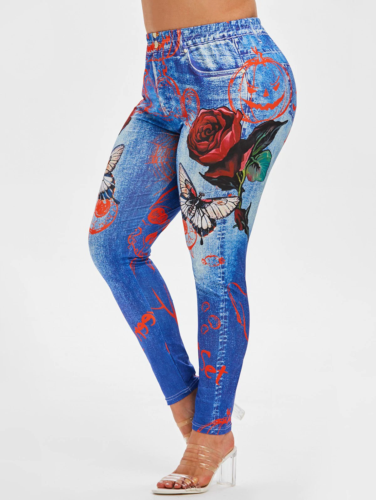 Plus Size Rose Butterfly 3D Halloween Print High Rise Jeggings