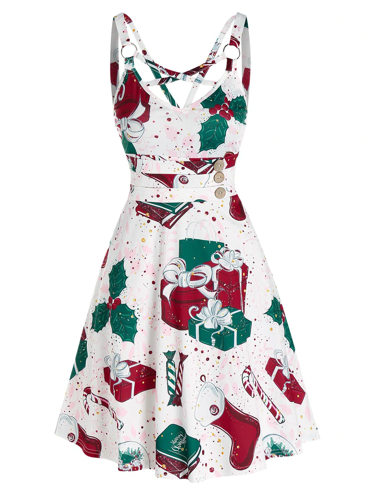 Christmas Gifts Socks Print Sleeveless Strappy Dress