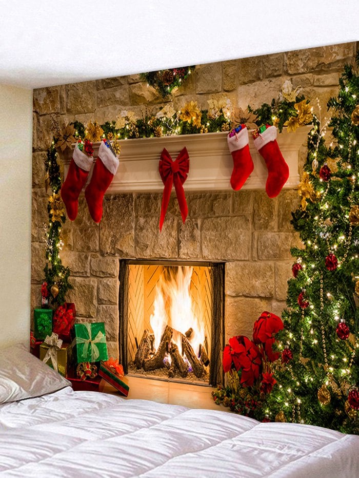 Christmas Stockings Fireplace Print Wall Tapestry