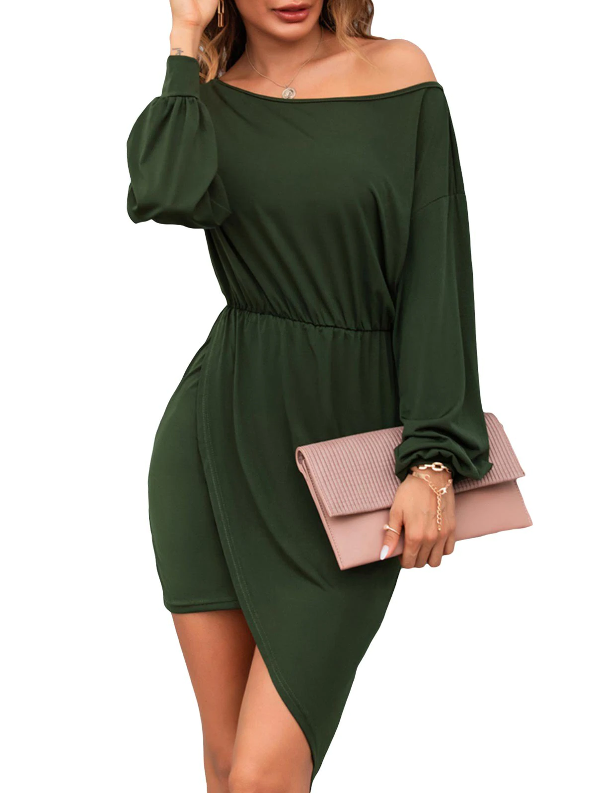 Skew Collar Long Sleeve Asymmetrical Dress