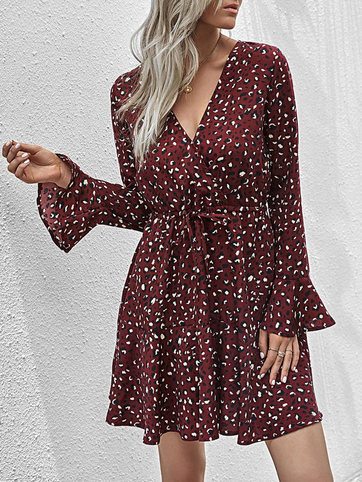 Drawstring Waist Leopard Long Sleeve Dress