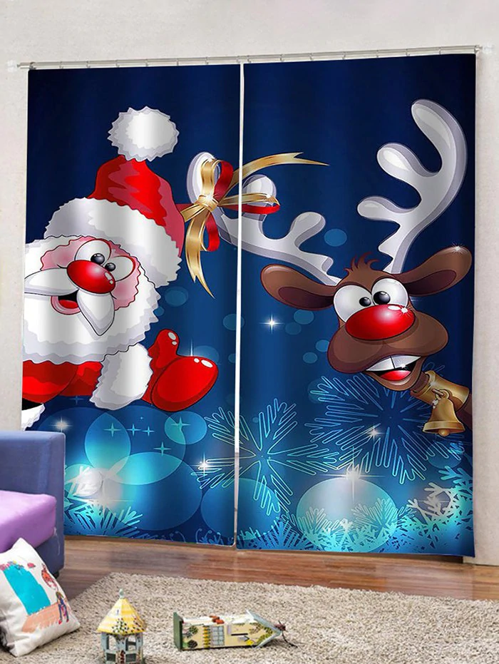 2 Panels Christmas Santa Claus Elk Printed Window Curtains