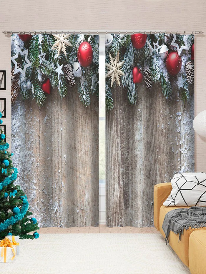 2 Panels Christmas Wood Grain Printed Window Curtains