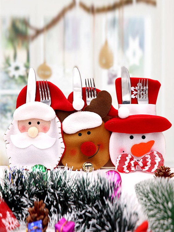 3Pcs Christmas Santa Elk Snowman Pattern Tableware Cover Bags Se