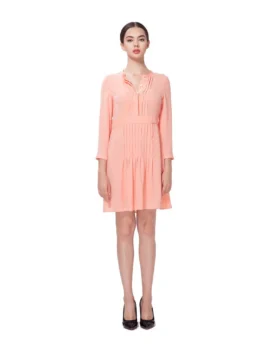 Pleated Cut O-Neck Pink Chiffon Dress