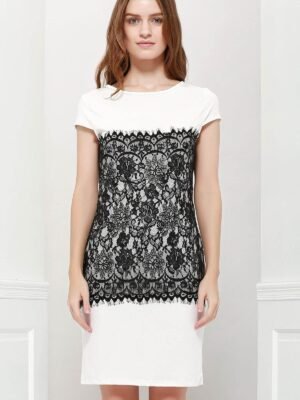 Stylish Round Collar Short Sleeve Bodycon Lace Spliced Women's D