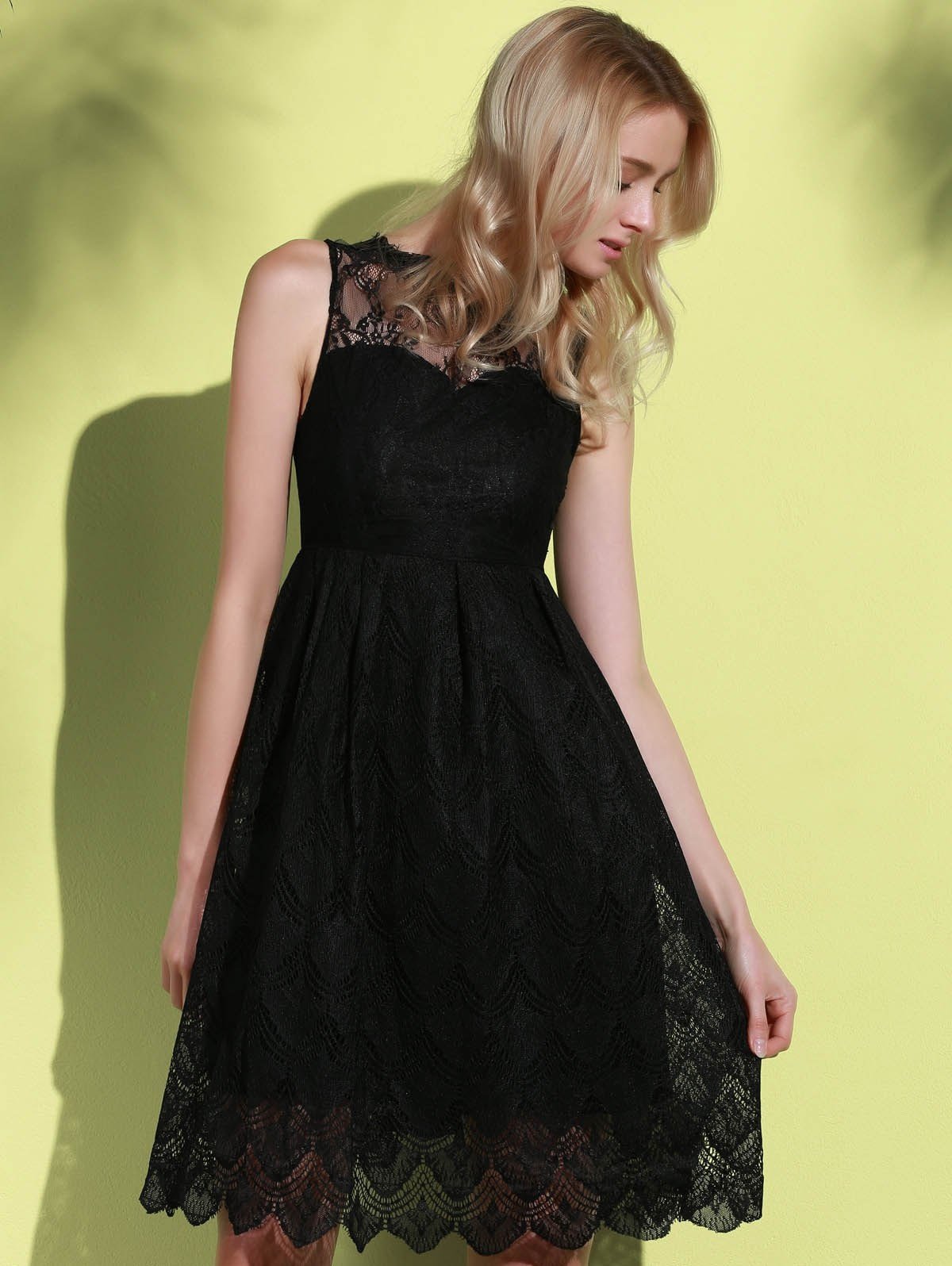 Stylish Round Neck Sleeveless Hollow Out Solid Color Lace Women'