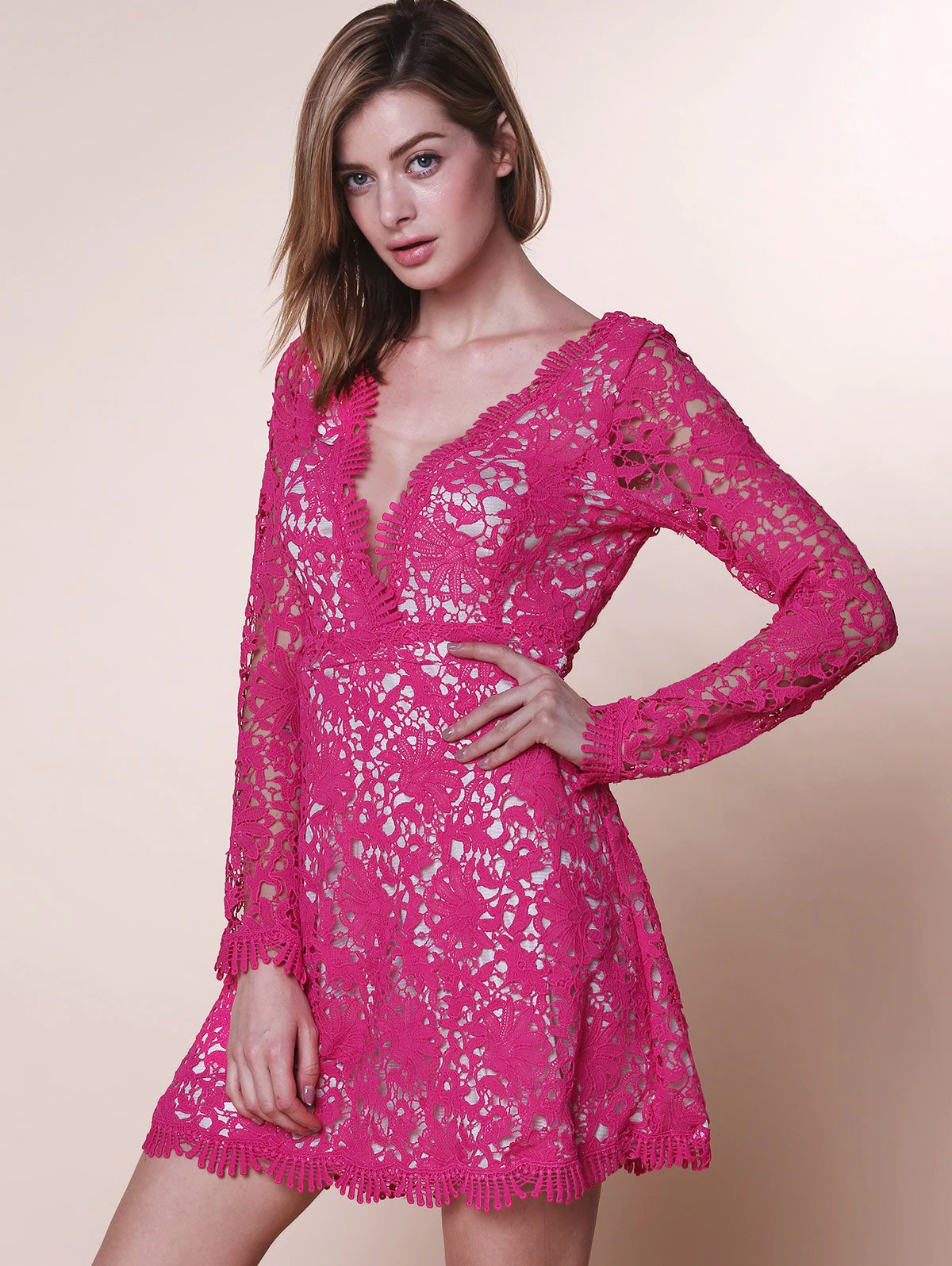 Cut Out Plunging Neck Long Sleeve Lace Dress