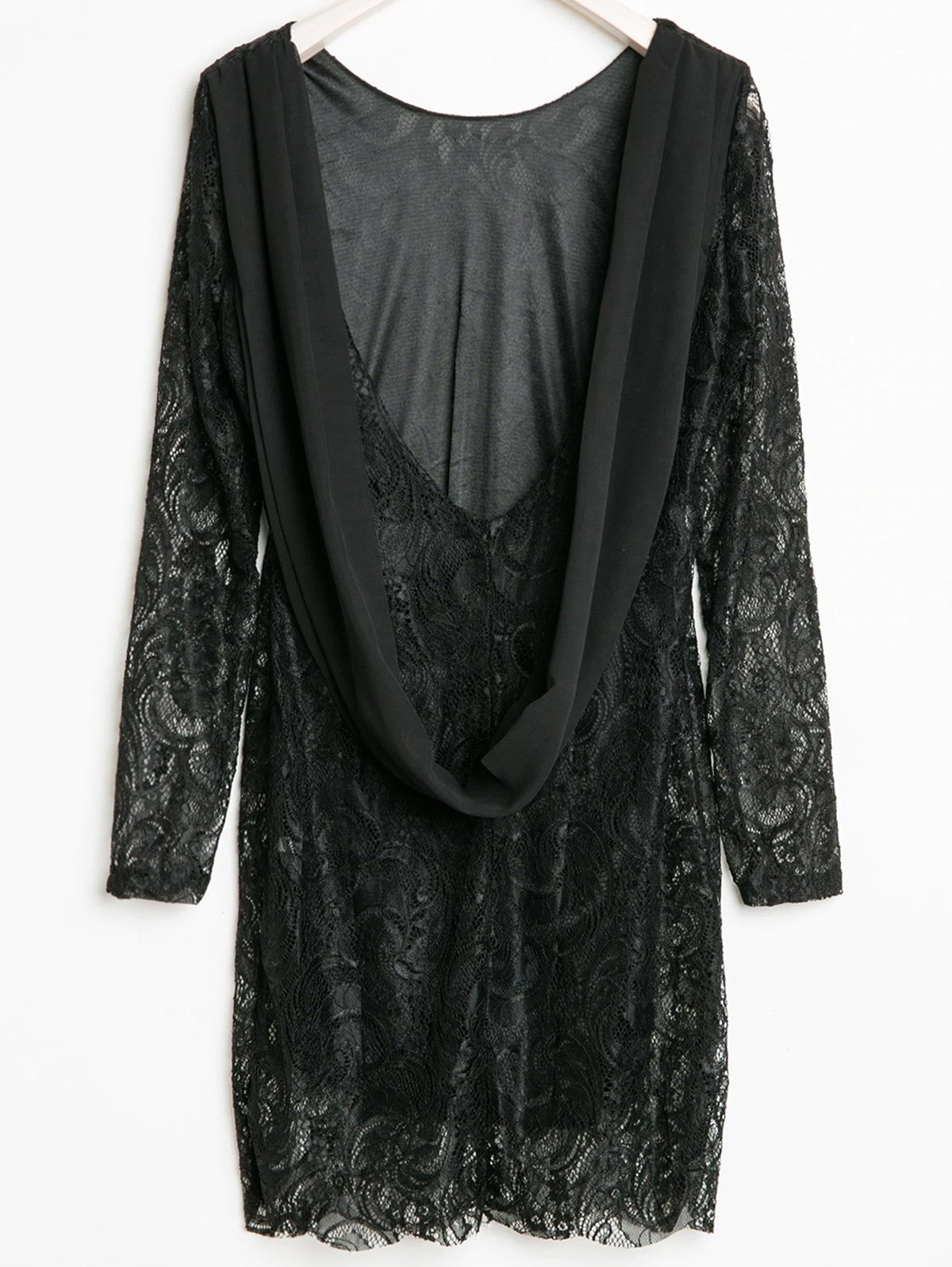 Openwork Design Long Sleeve Round Collar Backless Black Color La