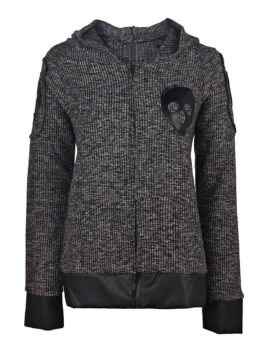 Faux Leather Spliced Skull Printed Zip Up Hoodie For Women