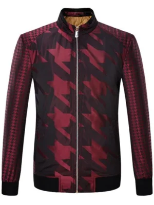 Zip Up Houndstooth Pattern Long Sleeve Padded Jacket