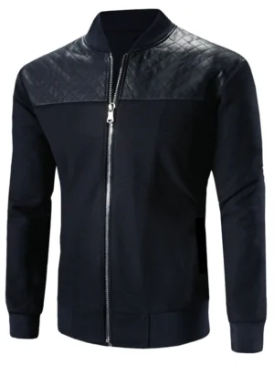 Stand Collar Zip-Up Argyle PU-Leather Spliced Design Jacket