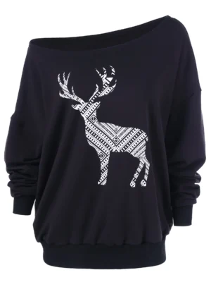 Fawn Print Skew Collar Pullover Sweatshirt